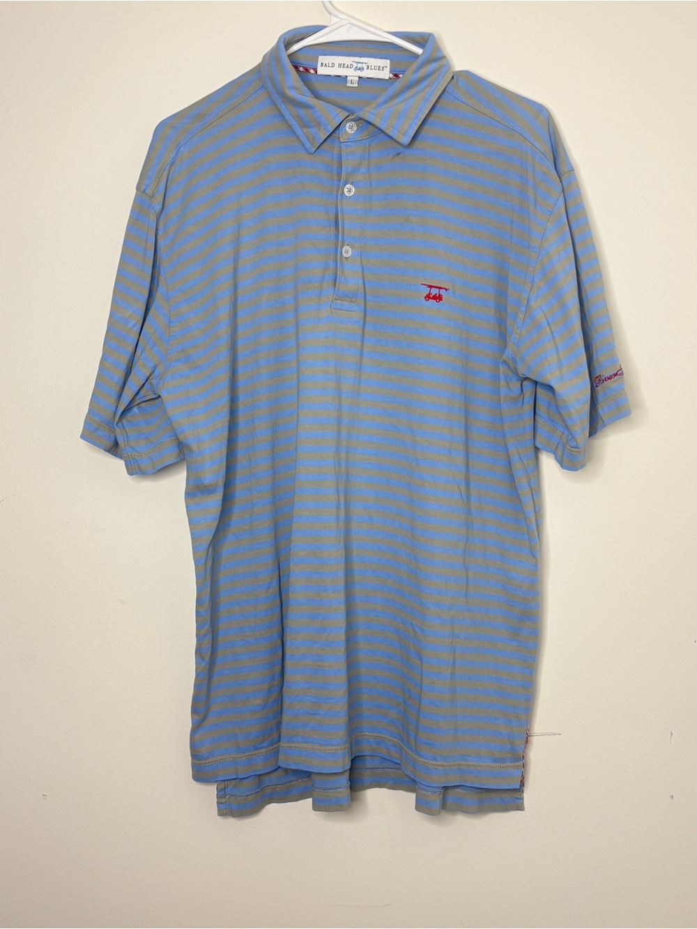 Men’s Bald Head Blues Pima Cotton Blue and Gray Striped Polo Shirt size L